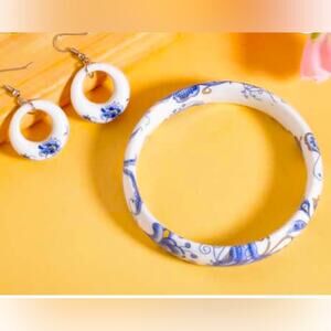 Blue and white Ceramic Bangle Bracelet (8.5”) and Earring Set in Stainless Steel